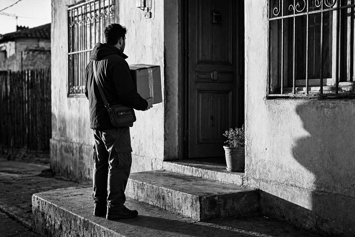 Courier handing a parcel to a customer at the door